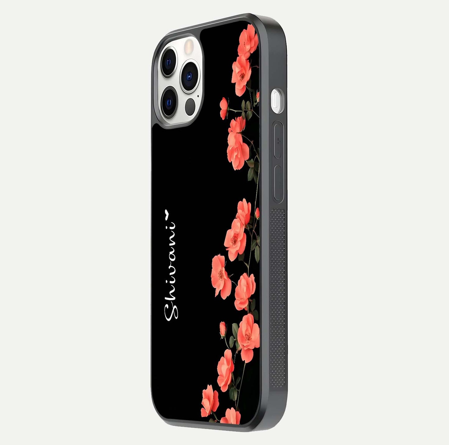Crimson Bloom Grace Custom Name Glass Case for iPhone 12 Pro side-angle photo capturing edge glow and name clarity