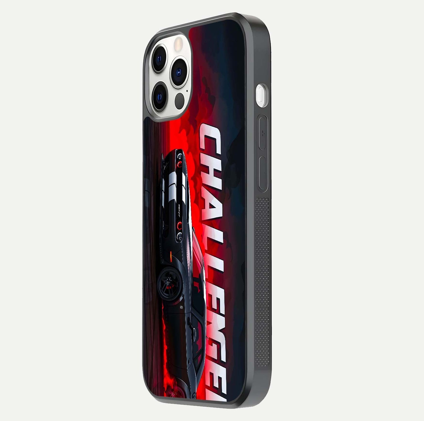 Crimson Challenger Fury Glass Case for iPhone 12 Pro side-angle image showing curve reflection and red finish