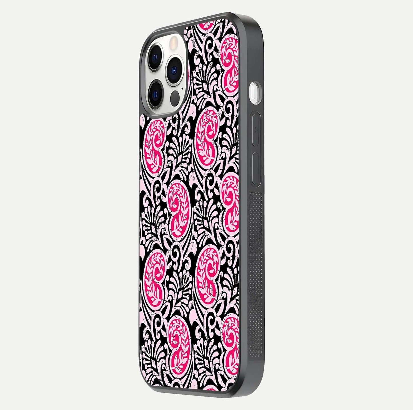 Crimson Paisley Charm Glass Case for iPhone 12 Pro side-angle image showing reflection and smooth edges