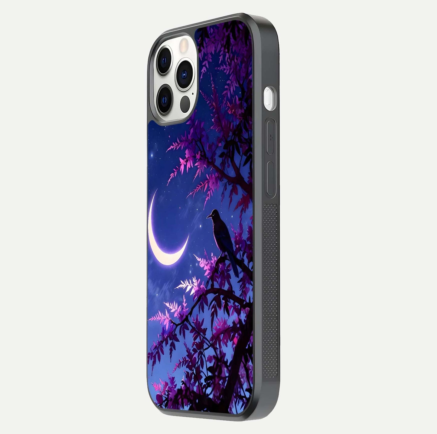 Crow & Moon Scenery Glass Case for iPhone 12 Pro side-angle photo capturing glossy shine and artistic contrast