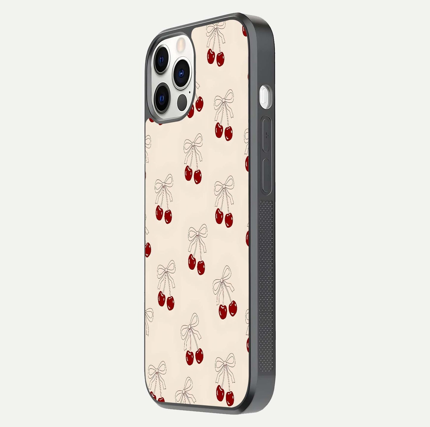 Cute Cherry Pattern Glass Case for iPhone 12 Pro side-angle photo highlighting gloss curve and pattern clarity