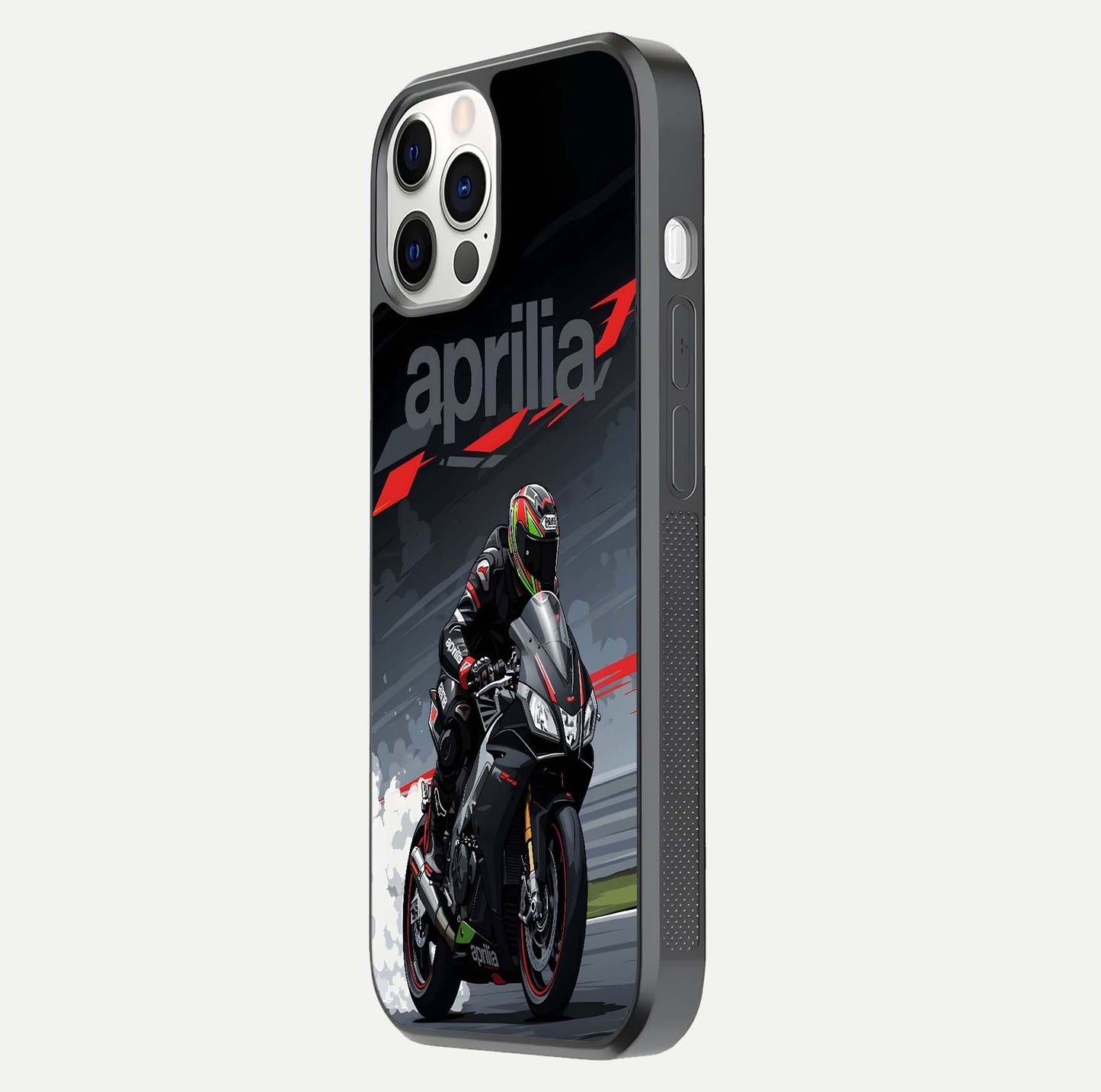 Dark Aprilla Glass Case for iPhone 12 Pro side-angle photo showing reflection gloss and curved edge finish