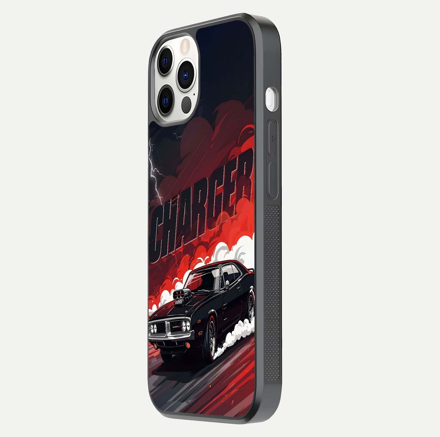 Dark Charger Fury Glass Case for iPhone 12 Pro side-angle image showing edge gloss and bold tone