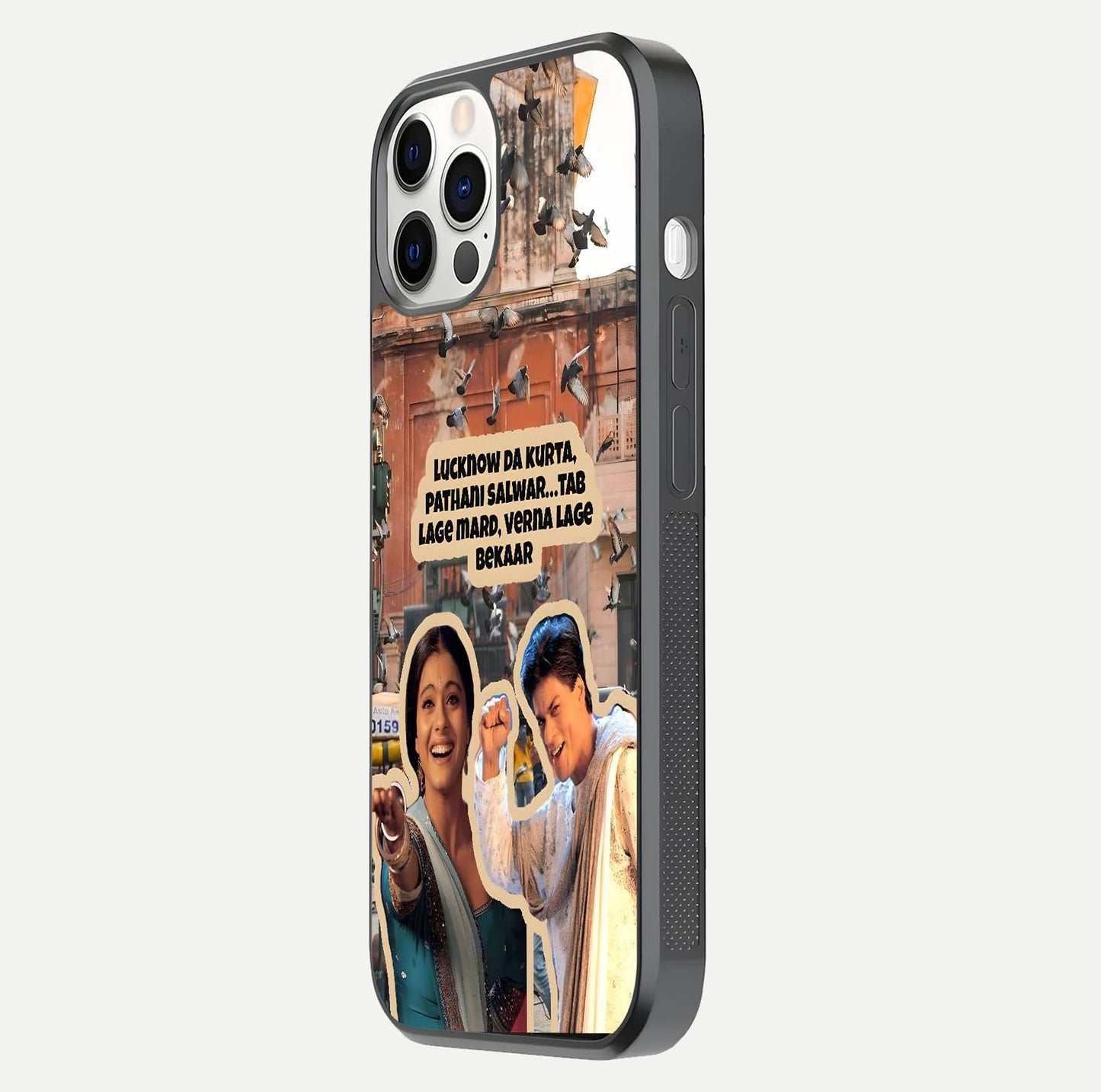 Desi Retro Vibes Glass Case for iPhone 12 Pro side-angle image displaying gloss texture and bold pattern