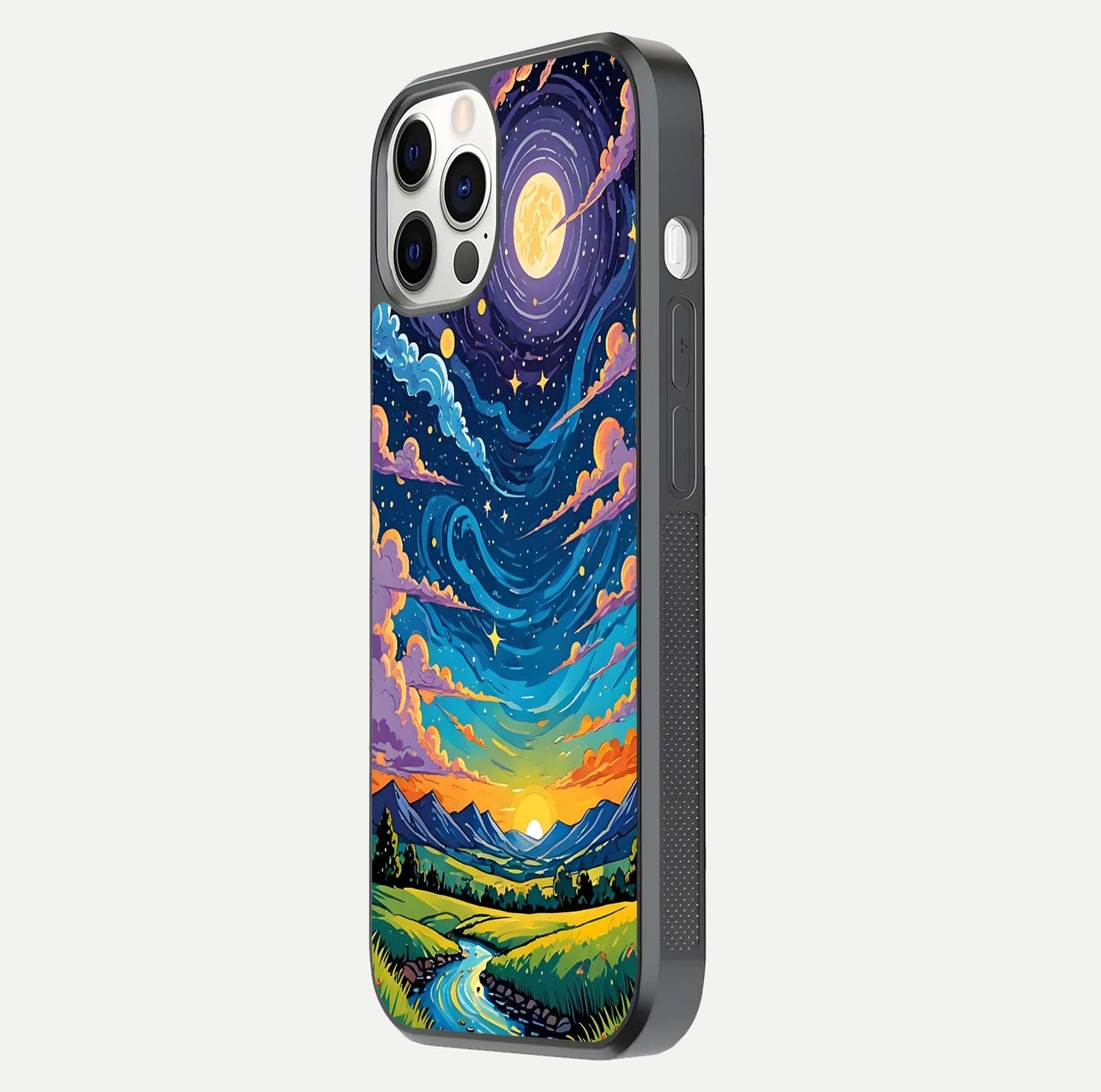 Dreamy Night Landscape Glass Case for iPhone 12 Pro side-angle photo capturing reflection glow and edge detail