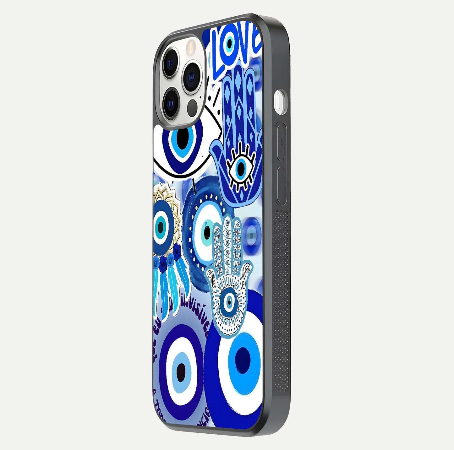 Evil Eyes Dream Glass Case for iPhone 12 Pro side-angle photo capturing smooth edges and reflective texture