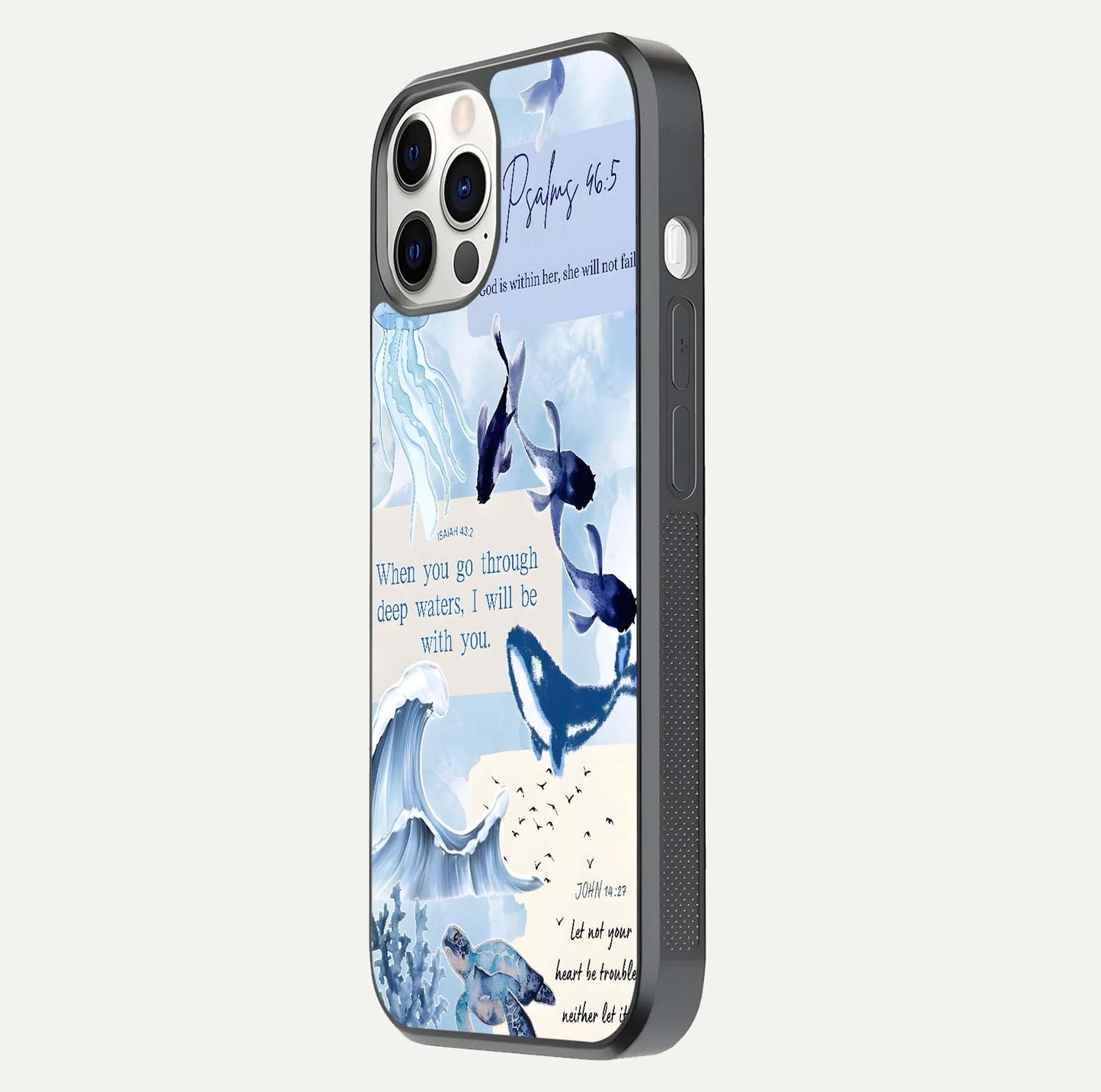 Faithful Ocean Promise Glass Case for iPhone 12 Pro side-angle photo showing reflection glow and color clarity