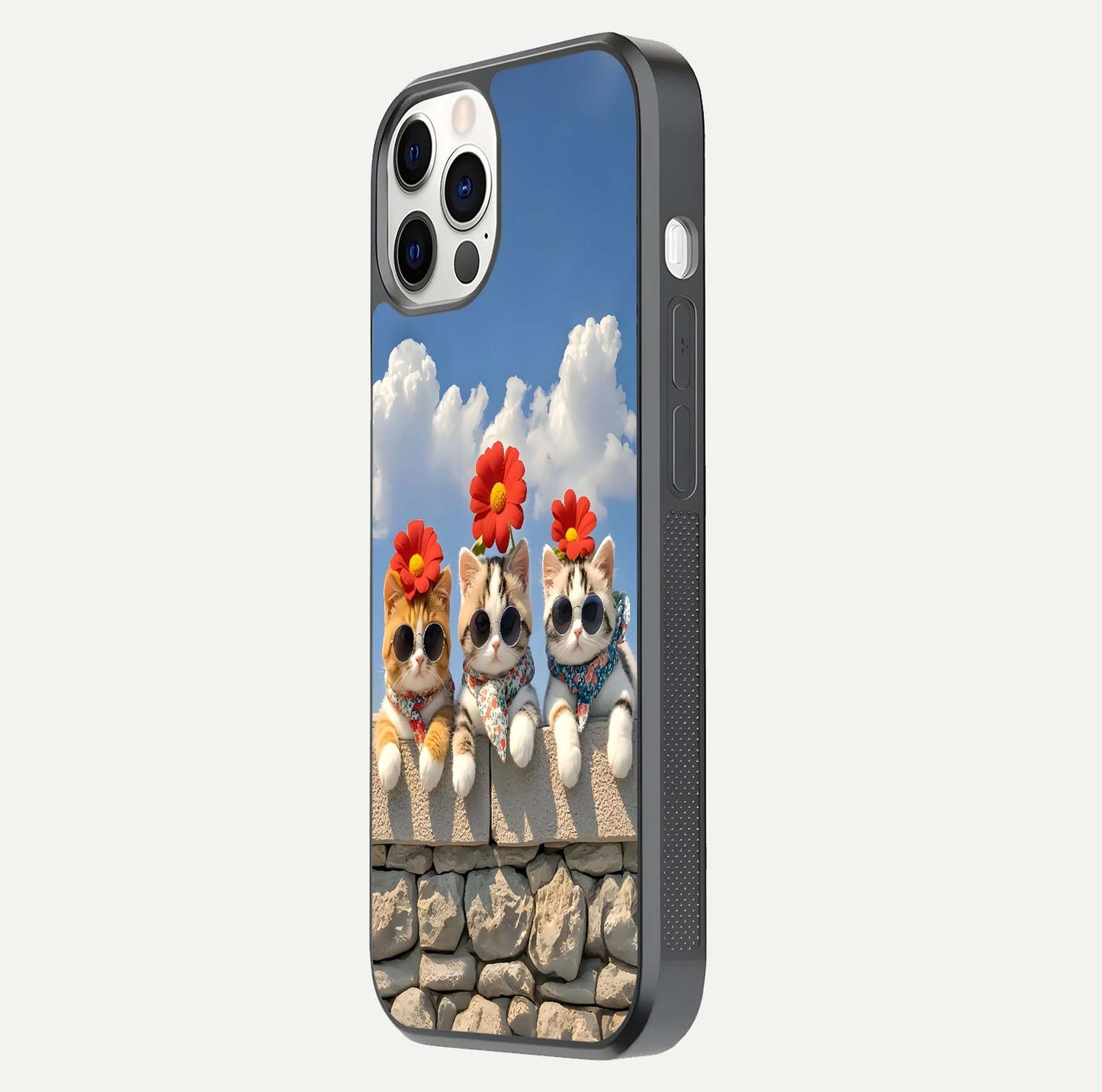 Floral Kitty Squad Glass Case for iPhone 12 Pro side-angle photo showing reflection glow and polished surface