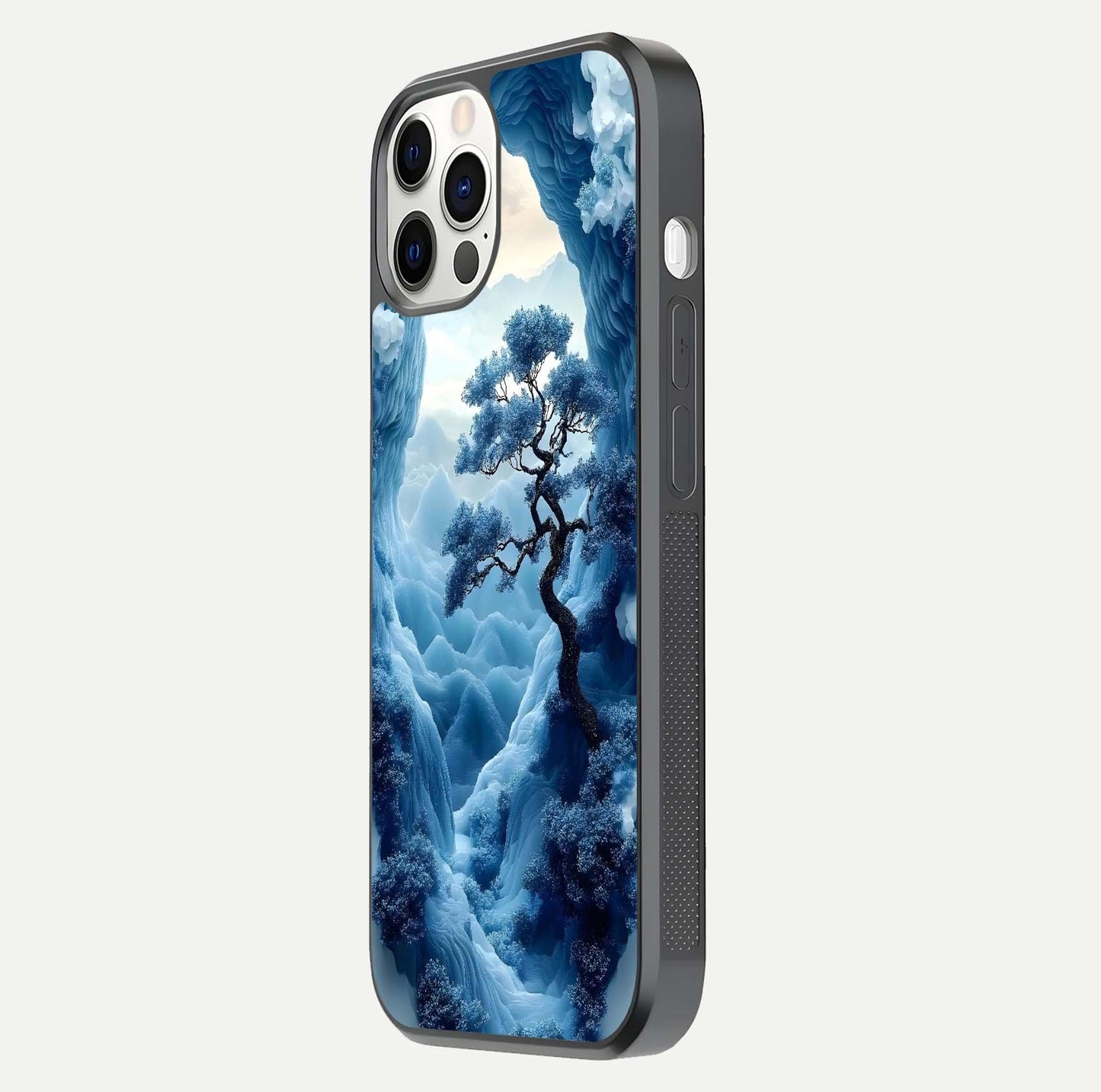 Frozen Serenity Gate Glass Case for iPhone 12 Pro side-angle photo showing reflective surface and cold tones