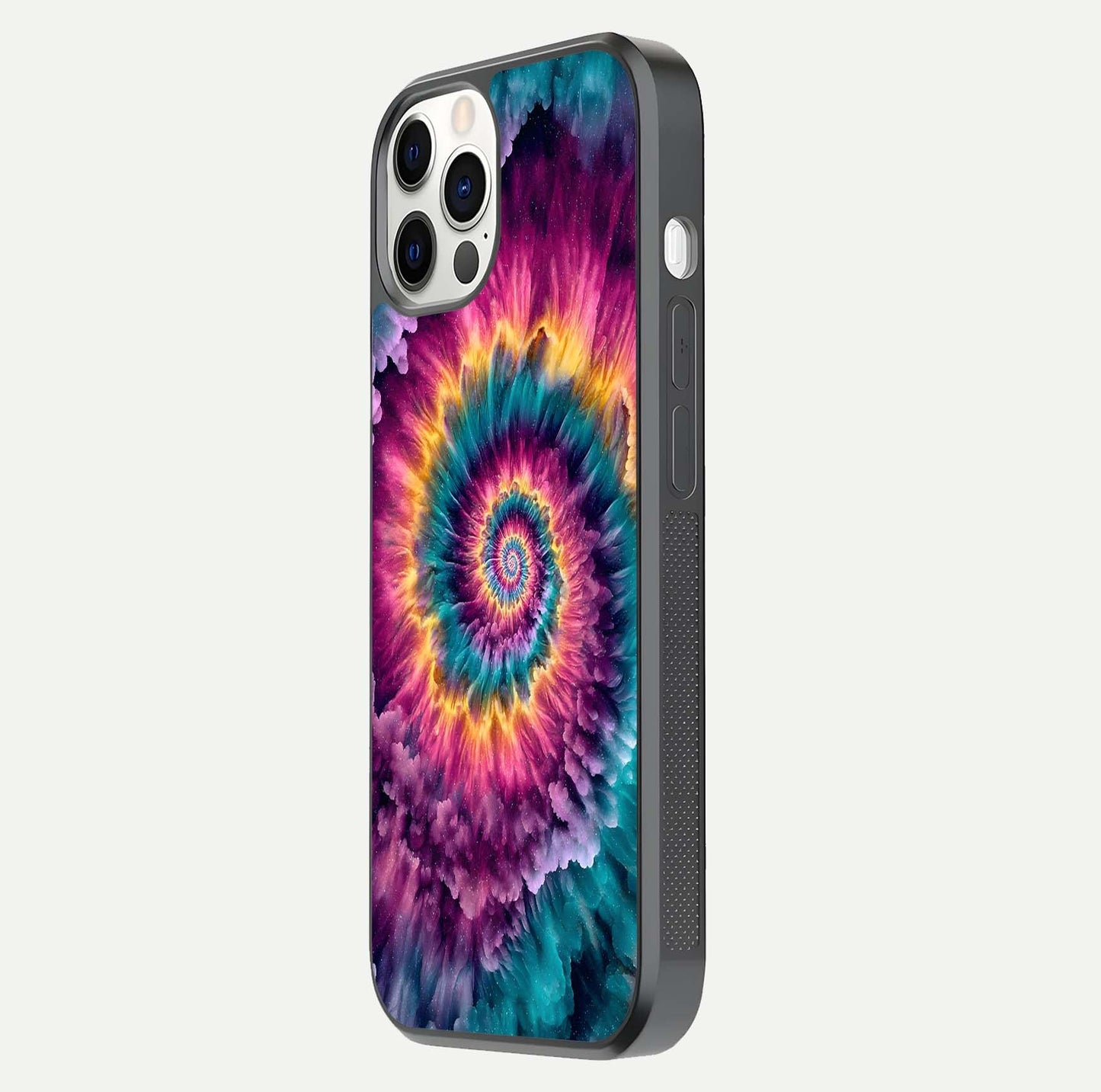 Galactic Spiral Burst Glass Case for iPhone 12 Pro side-angle image showing reflection clarity and vivid galactic texture