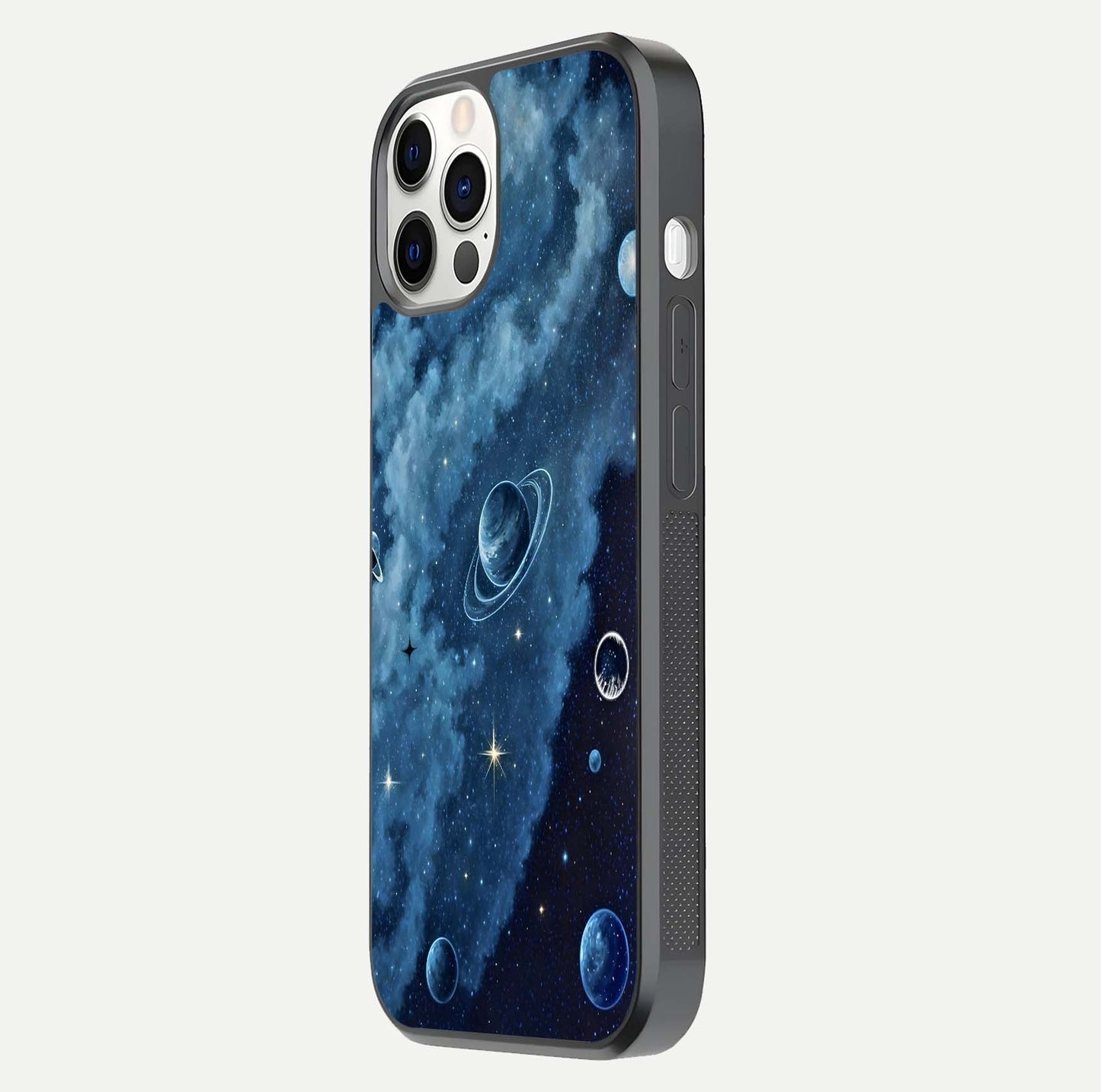 Galaxy Dream Space Glass Case for iPhone 12 Pro side-angle image capturing reflection clarity and galactic texture