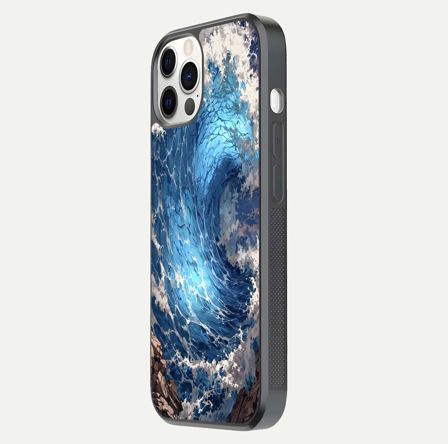 Giant Ocean Wave Glass Case for iPhone 12 Pro side-angle image showing light reflection and ocean detail