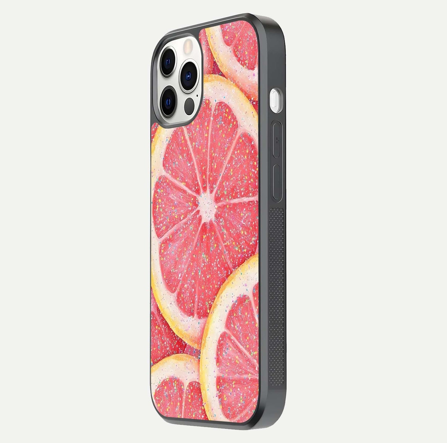 Glitter Grapefruit Glass Case for iPhone 12 Pro side-angle image showing reflection glow and polished edges