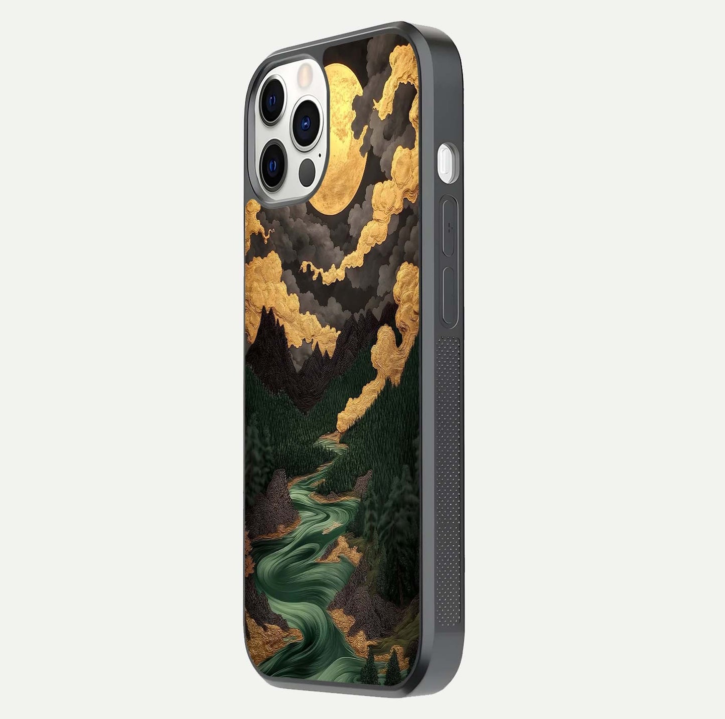 Golden River Moon Glass Case for iPhone 12 Pro side-angle image showing reflection clarity and detailed nightscape
