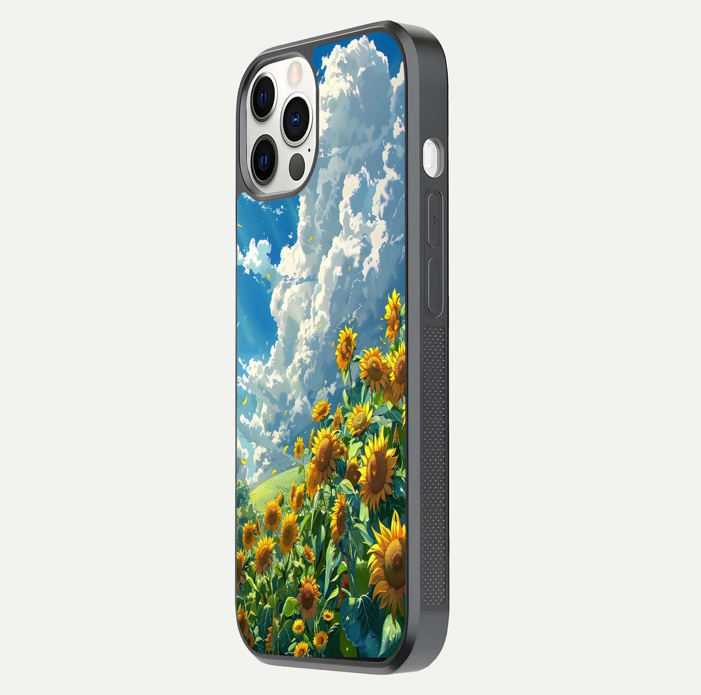 Golden Sun Glory Glass Case for iPhone 12 Pro side-angle image showing reflection glow and luminous texture