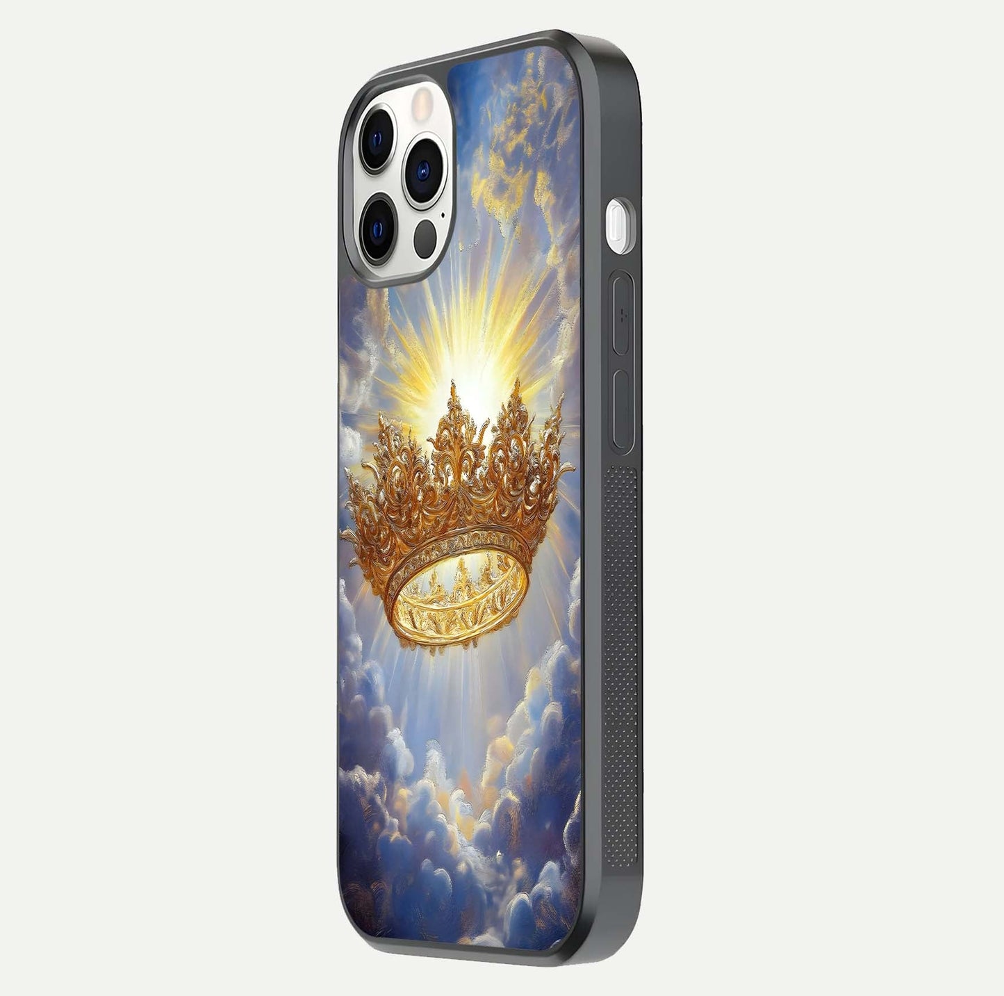 Heavenly Crown Light Glass Case for iPhone 12 Pro side-angle image showing reflection brilliance and elegant divine art
