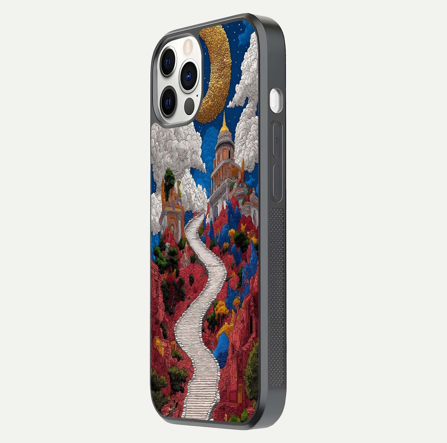 Heavenly Moon Path Glass Case for iPhone 12 Pro side-angle image showing reflection clarity and serene moon glow