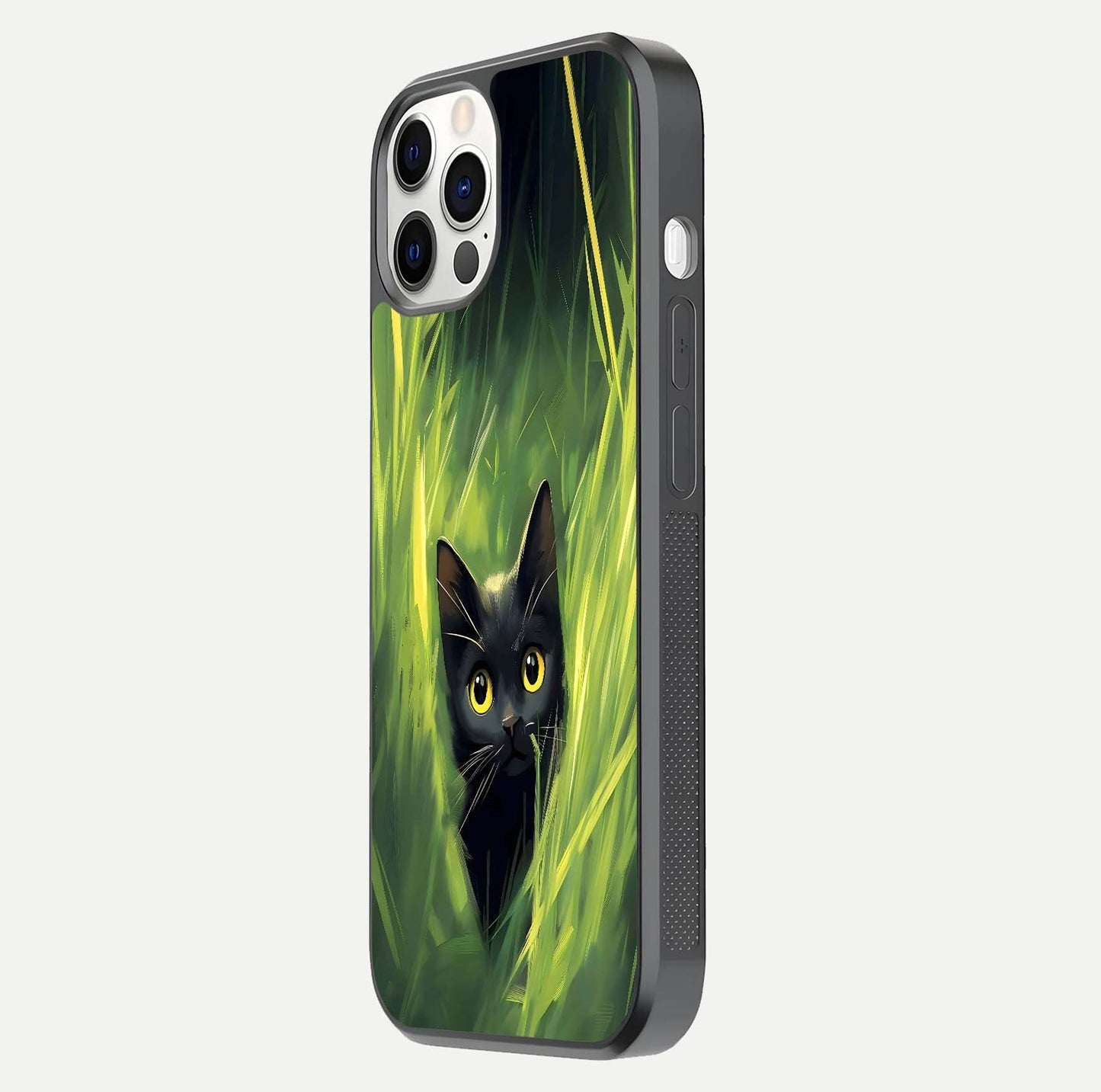 Hidden Cat Whisper Glass Case for iPhone 12 Pro side-angle image showing reflection glow and subtle artistic texture