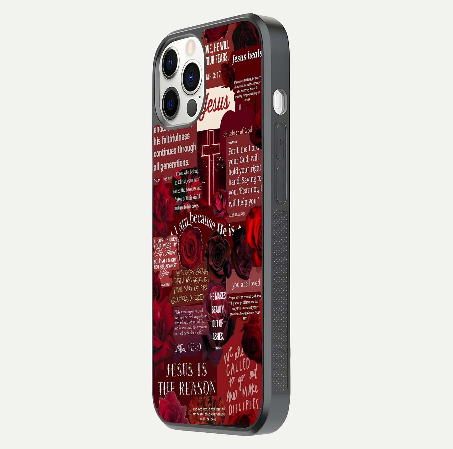 Jesus Love Heals Glass Case for iPhone 12 Pro side-angle image highlighting gloss depth and spiritual aura