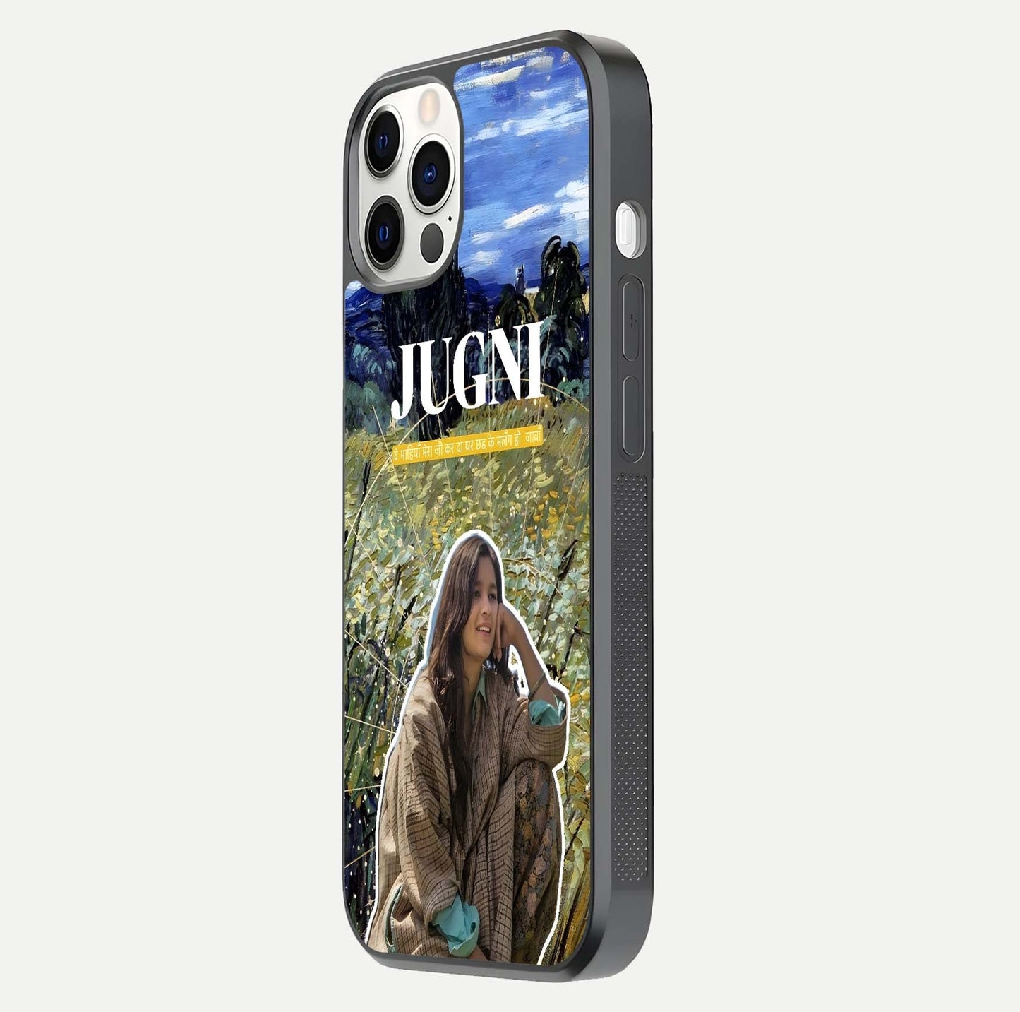 Jugni Soul Vibes Glass Case for iPhone 12 Pro side-angle image with stylish typography and HD finish