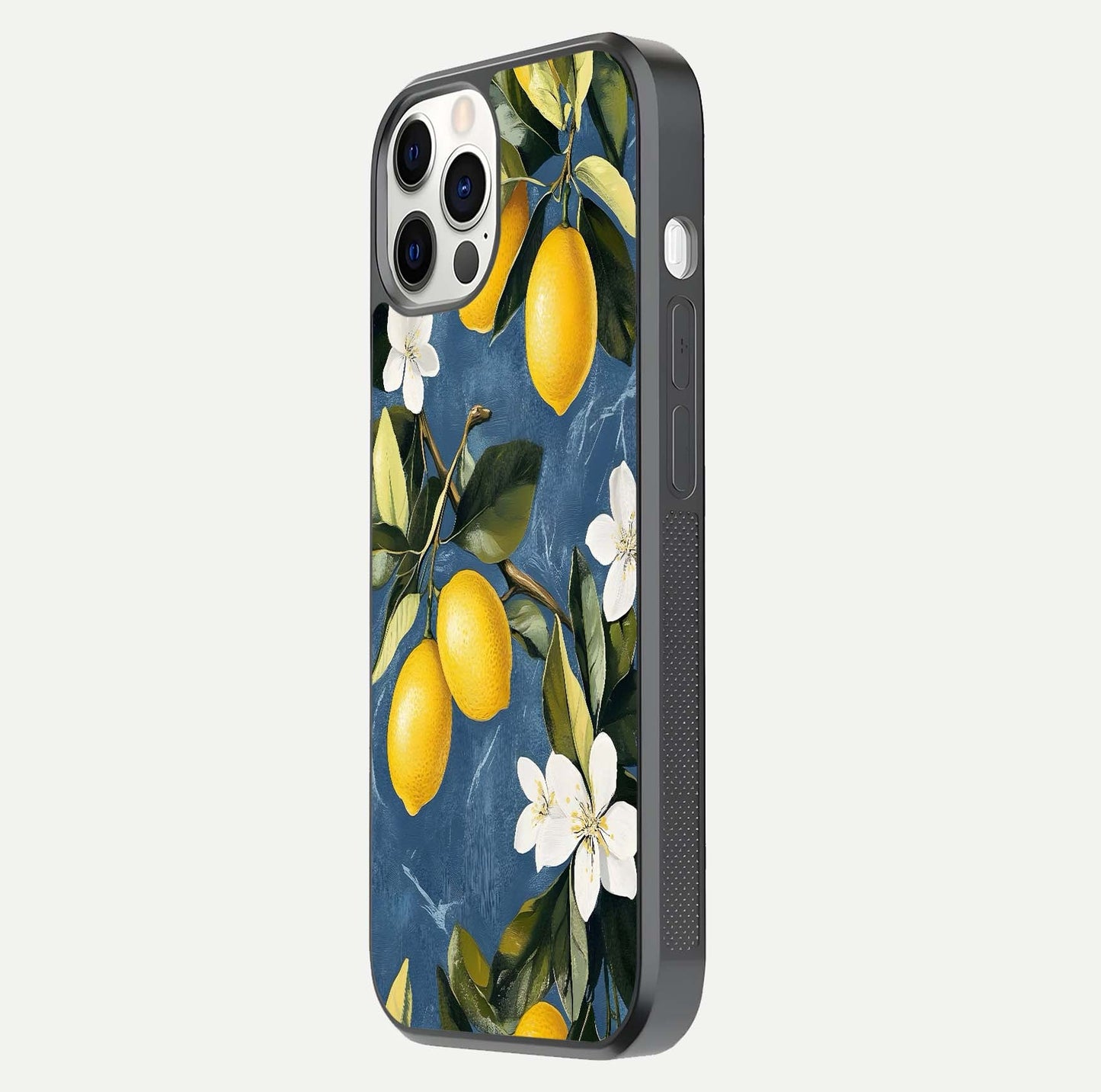 Lemon Dream Garden Glass Case for iPhone 12 Pro side-angle image showing reflection clarity and artistic fruit design