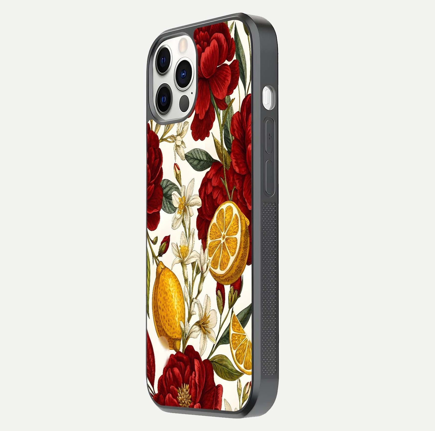 Lemon Rose Charm Glass Case for iPhone 12 Pro side-angle image revealing reflection depth and vibrant flower art
