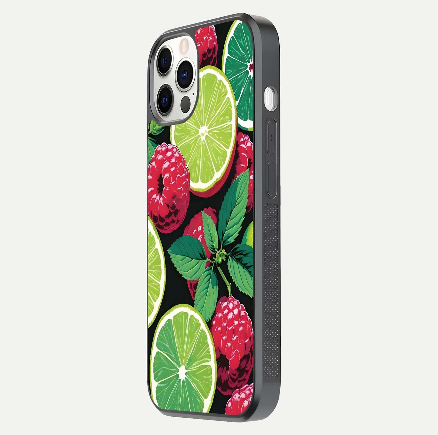 Lime and Raspberry Pattern Glass Case for iPhone 12 Pro side-angle view revealing colorful fruit artwork details