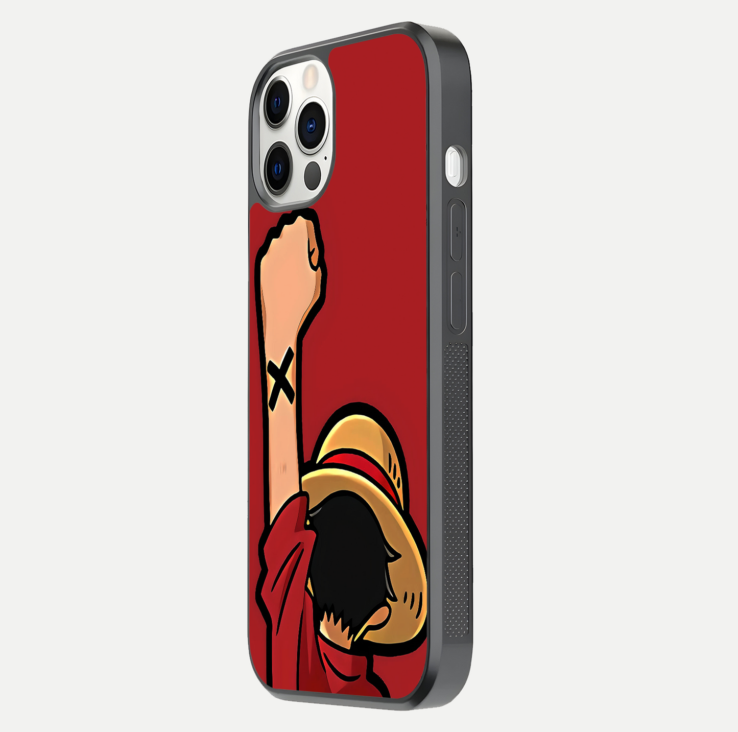 Luffy X Spirit Glass Case for iPhone 12 Pro side-angle image highlighting reflection strength and anime print