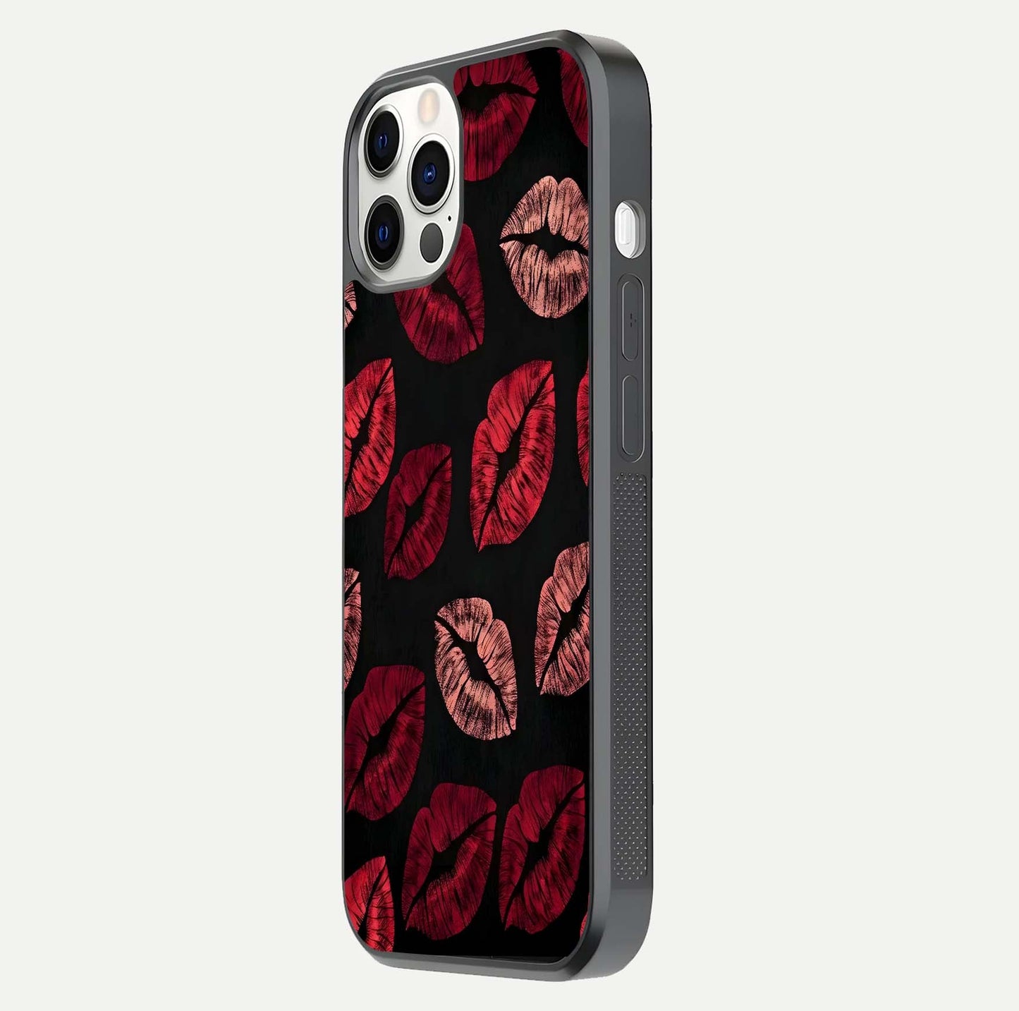 Midnight Kiss Love Glass Case for iPhone 12 Pro side-angle image revealing gloss texture and deep love motif