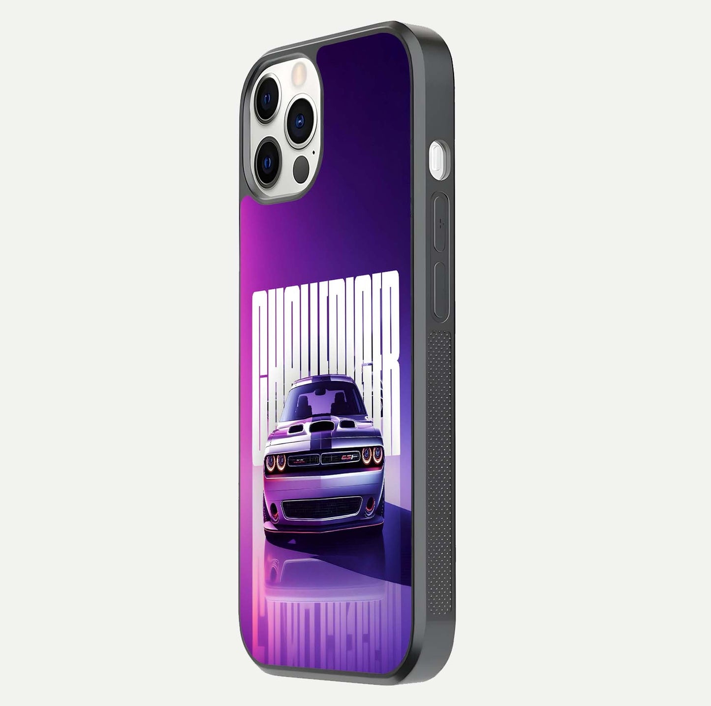 Midnight Muscle Ride Glass Case for iPhone 12 Pro side-angle image showing reflection clarity and bold design