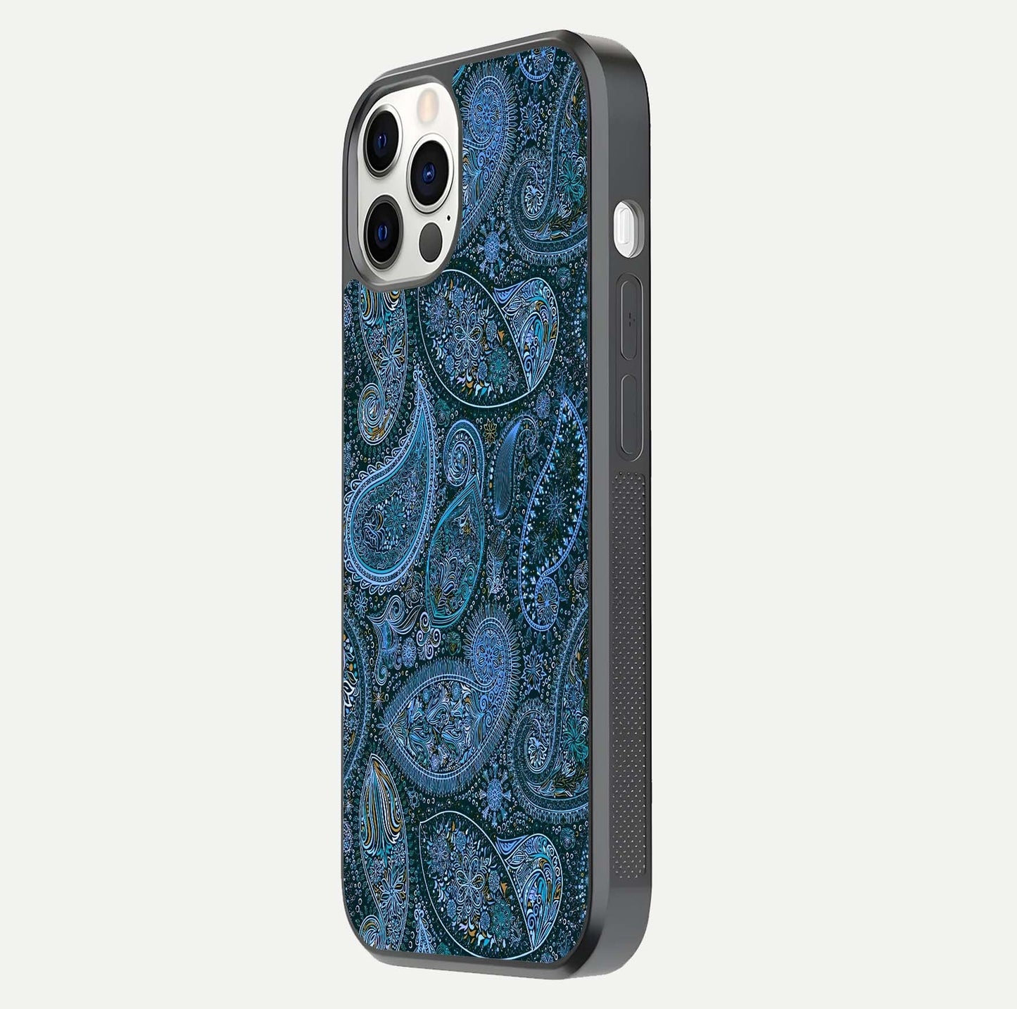 Midnight Paisley Glow Glass Case for iPhone 12 Pro side-angle image revealing reflective gloss and paisley art