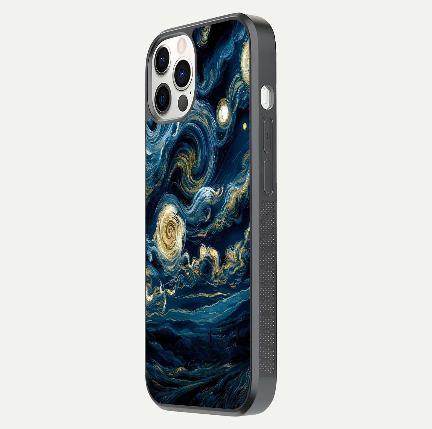 Midnight Sky Whirl Glass Case for iPhone 12 Pro side-angle image showing reflection depth and galaxy pattern