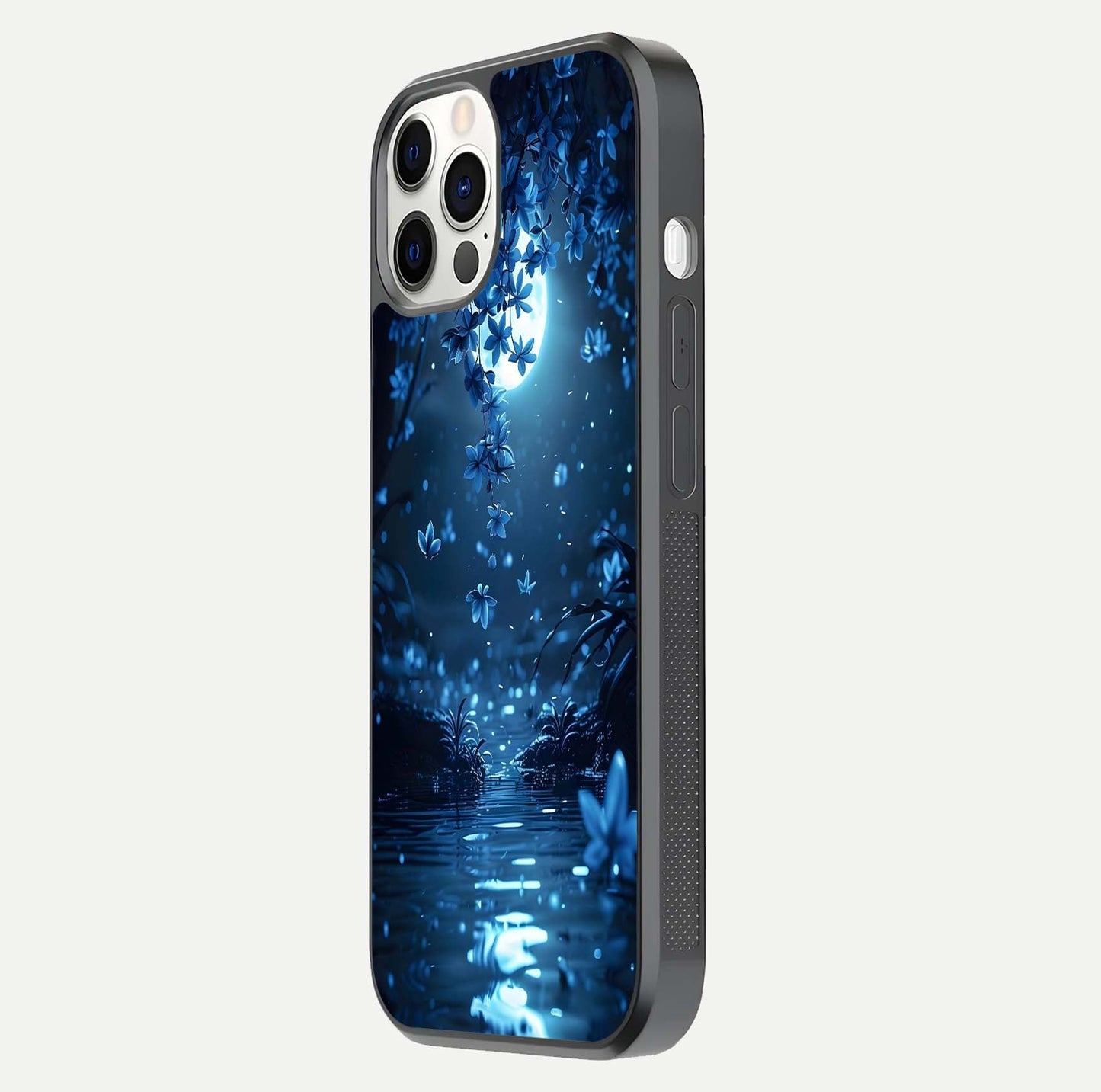 Moonlight Petal Dream Glass Case for iPhone 12 Pro side-angle image showing reflection and petal detail