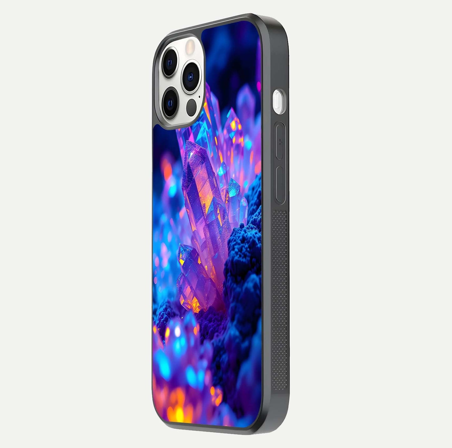 Neon Aura Shards Glass Case for iPhone 12 Pro side-angle image showing light depth and glossy contrast