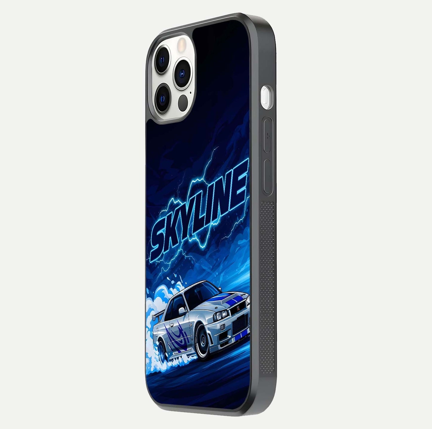 Neon Drift Beast Glass Case for iPhone 12 Pro side-angle image showing reflection depth and bold neon tones