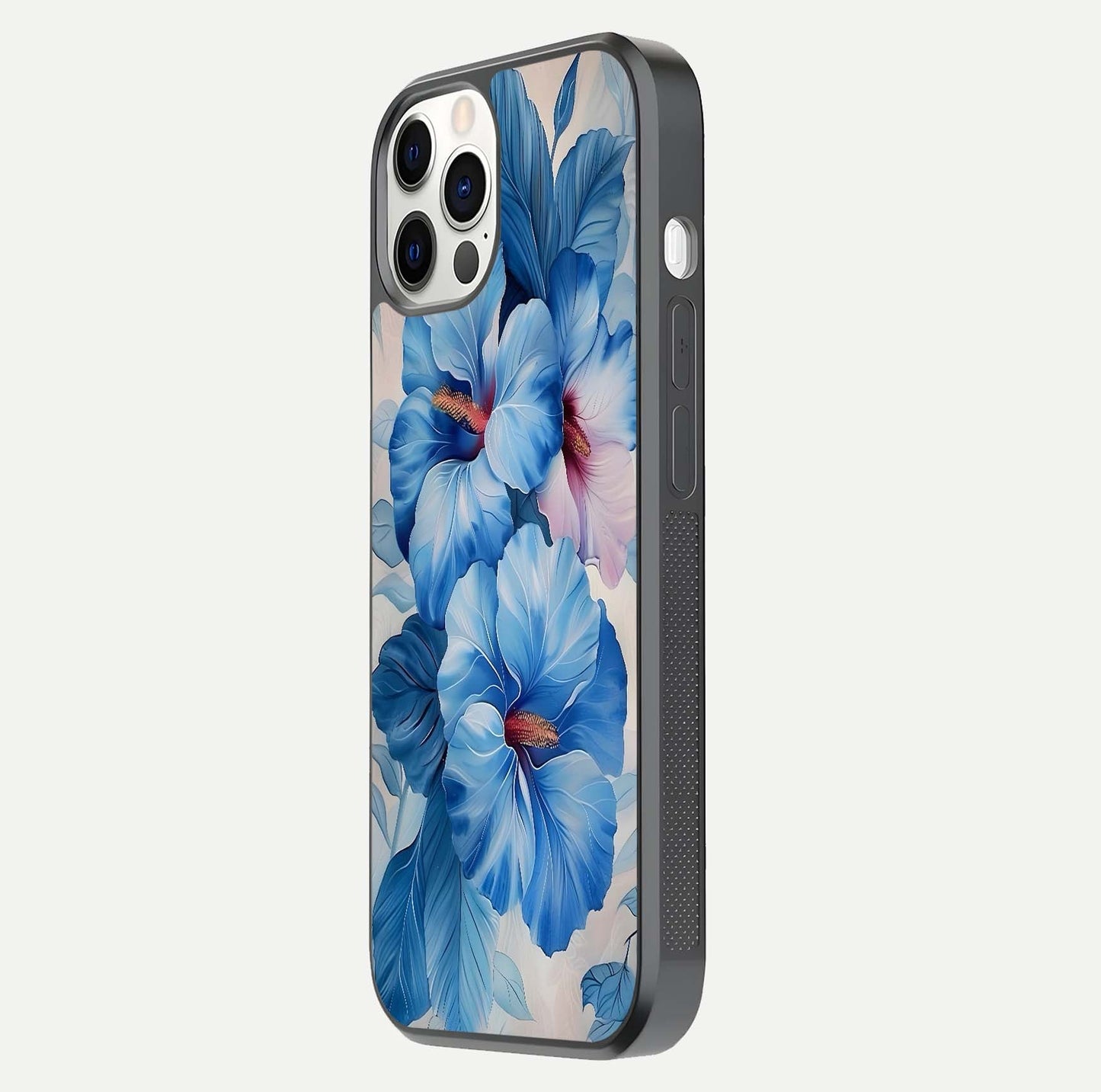 Ocean Hibiscus Grace Glass Case for iPhone 12 Pro side-angle image showing smooth texture and hibiscus details