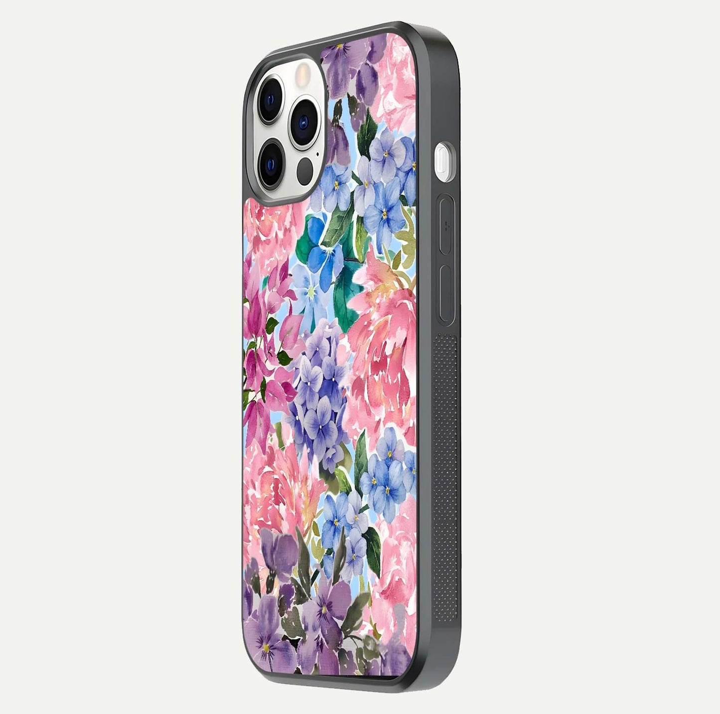 Pastel Floral Mix Glass Case for iPhone 12 Pro side-angle image showing reflection and delicate pastel hues