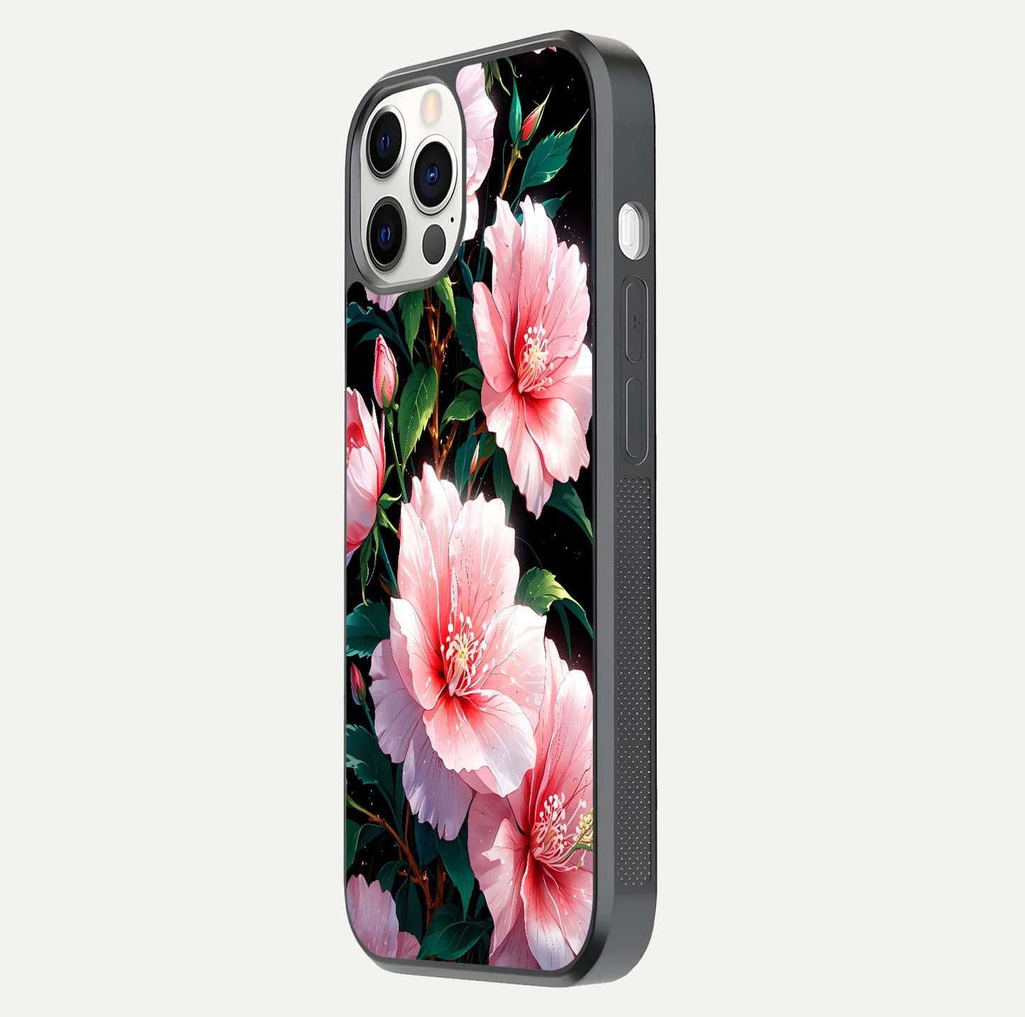 Peach Flower Glass Case for iPhone 12 Pro side-angle image showing gloss depth and peach blossom detail