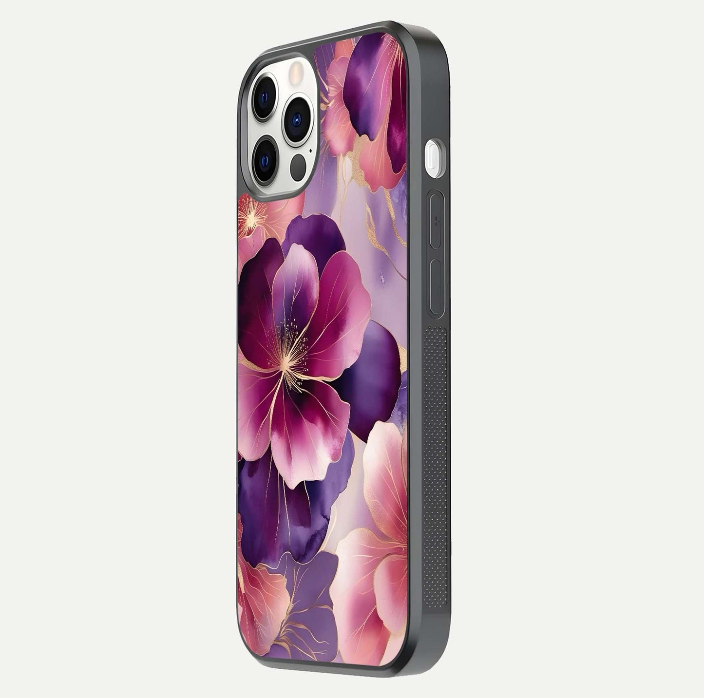 Pink Bouquet Florals Glass Case for iPhone 12 Pro side-angle image showing floral texture and reflection clarity