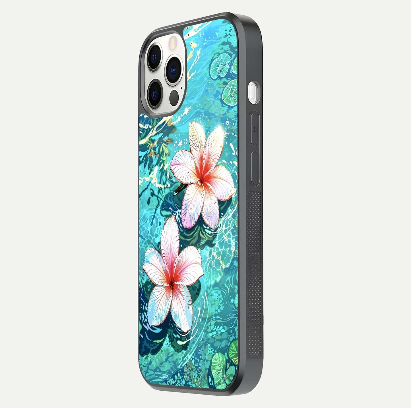 Pink Flowers in Water Glass Case for iPhone 12 Pro side-angle image showing reflection and depth of detail