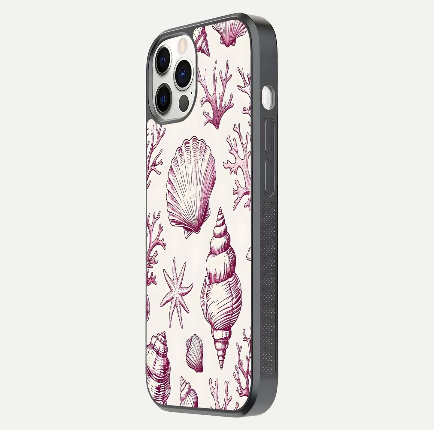 Pink Shells Outline Glass Case for iPhone 12 Pro side-angle image showing shine and intricate outline texture