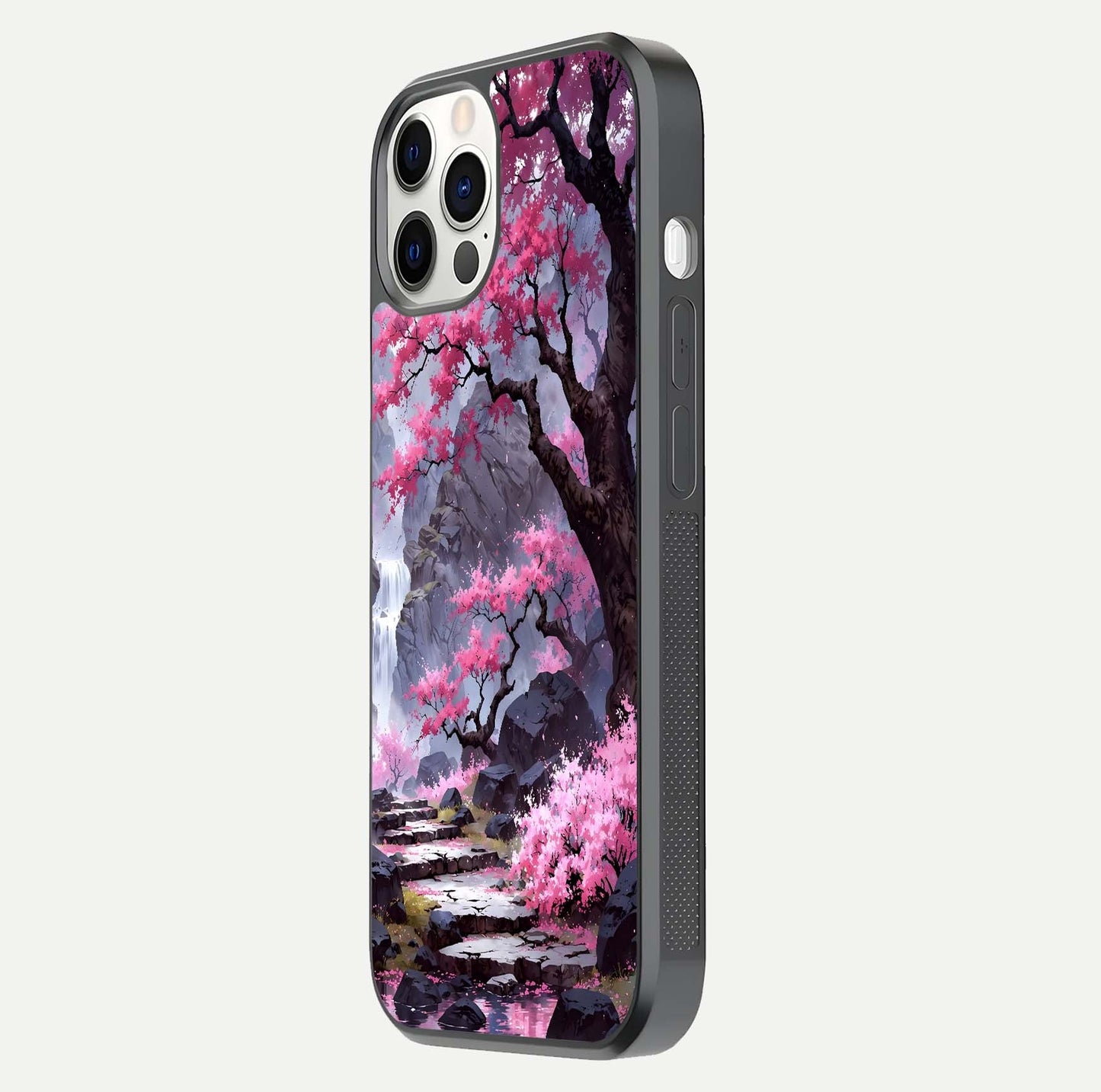 Pinkish Scenery Glass Case for iPhone 12 Pro side-angle image showing depth, gloss, and scenic details