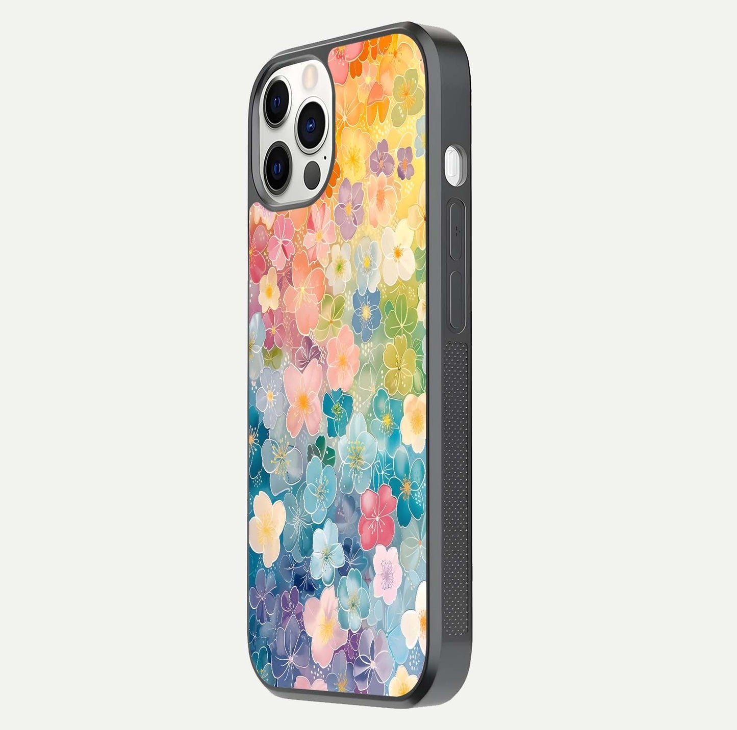Rainbow Blossom Burst Glass Case for iPhone 12 Pro side-angle image showing reflection and floral burst detail