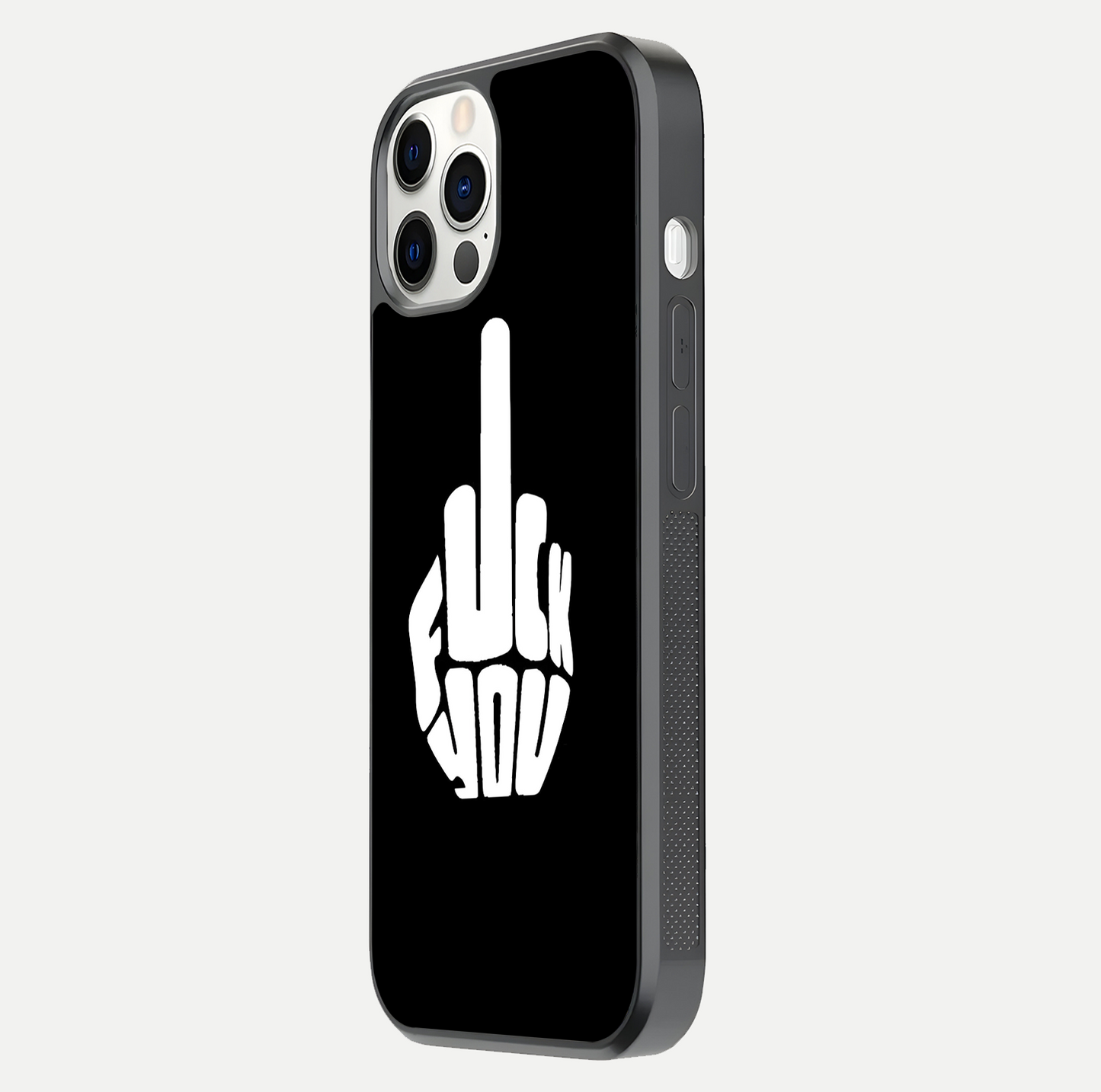 Rebel Mode On Glass Case for iPhone 12 Pro side-angle image showing reflection, edge detail, and text clarity