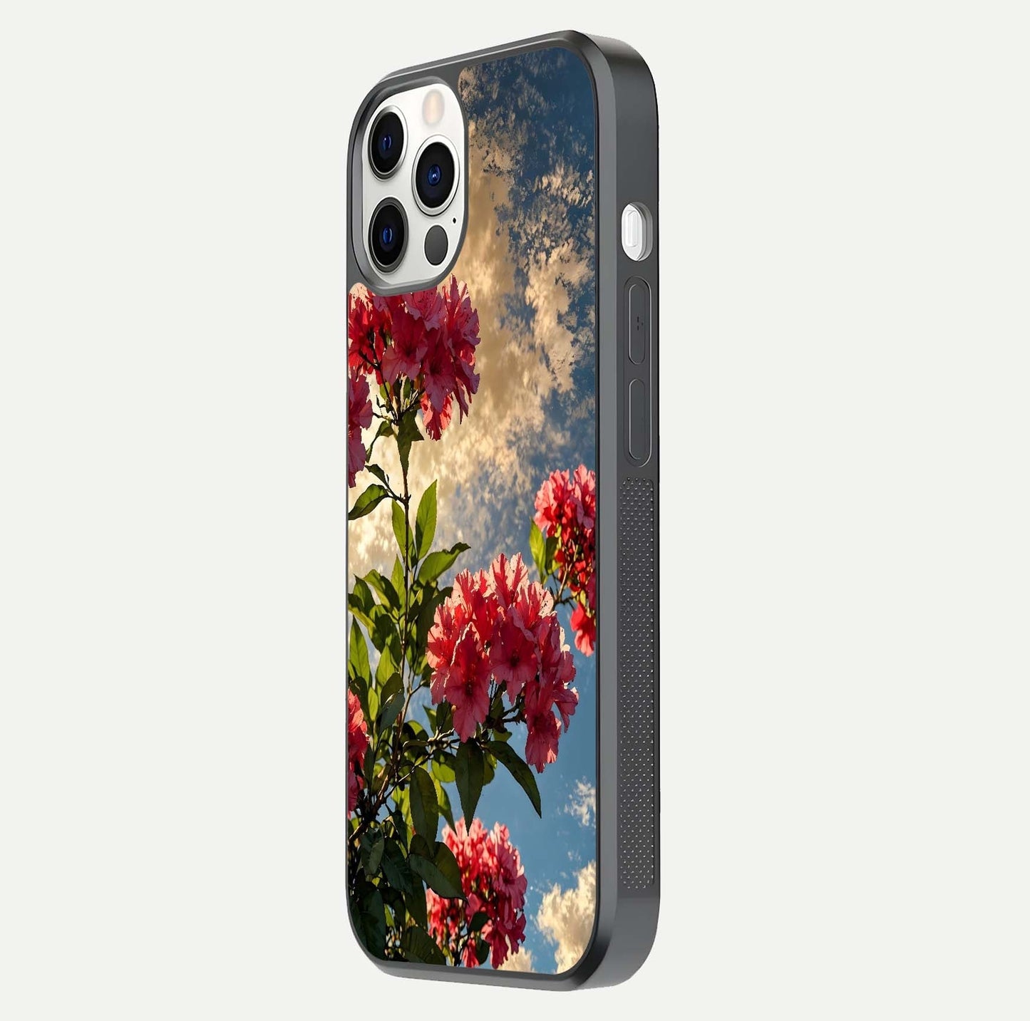Red Bloom Skies Glass Case for iPhone 12 Pro side-angle image showing reflection, print clarity, and tone blend