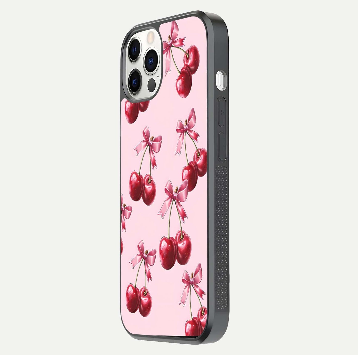 Red Cherries Pattern Glass Case for iPhone 12 Pro side-angle image showing gloss surface and cherry details