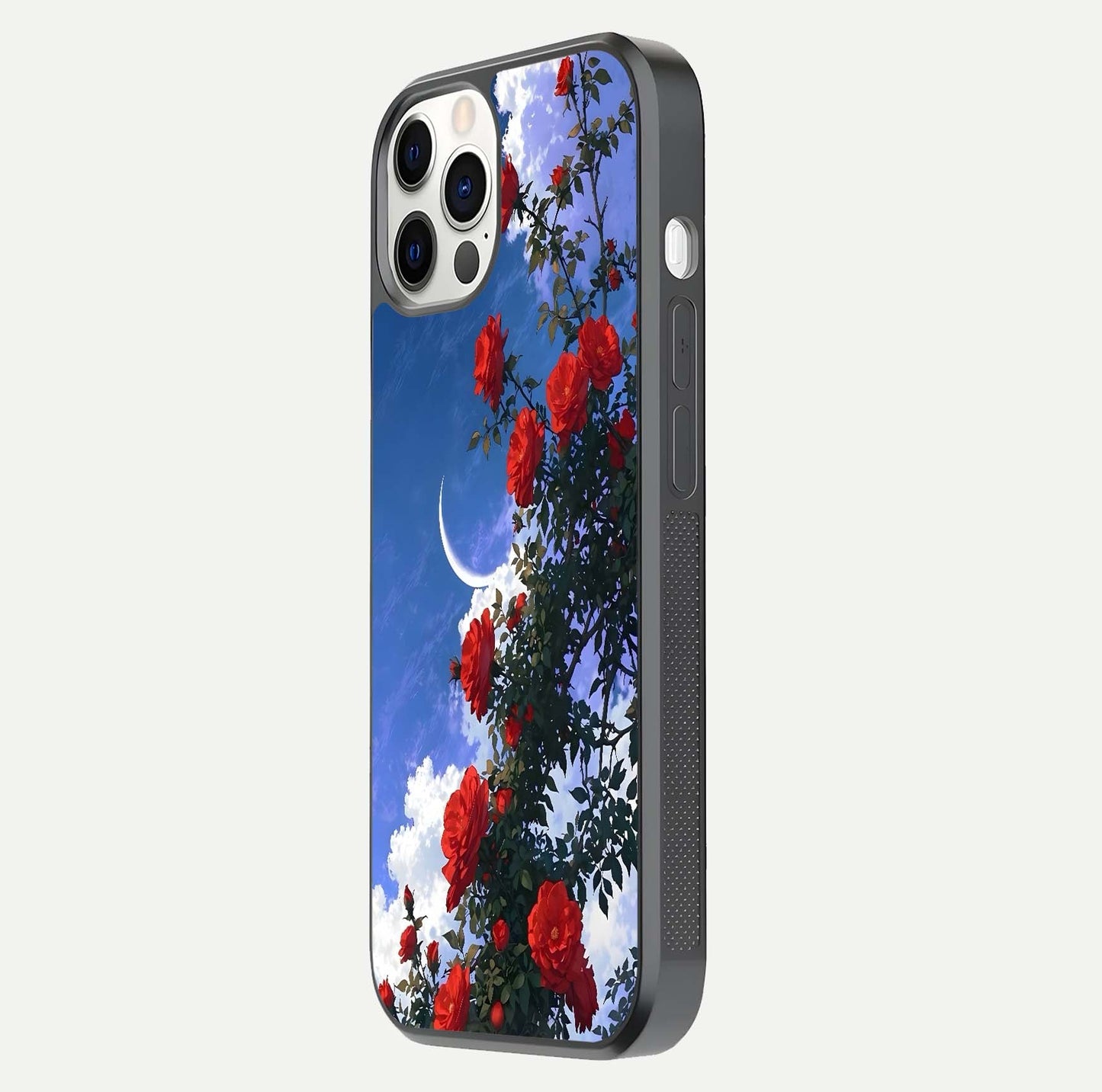 Rose Drift Flowers Glass Case for iPhone 12 Pro side-angle image showing reflection and petal detail
