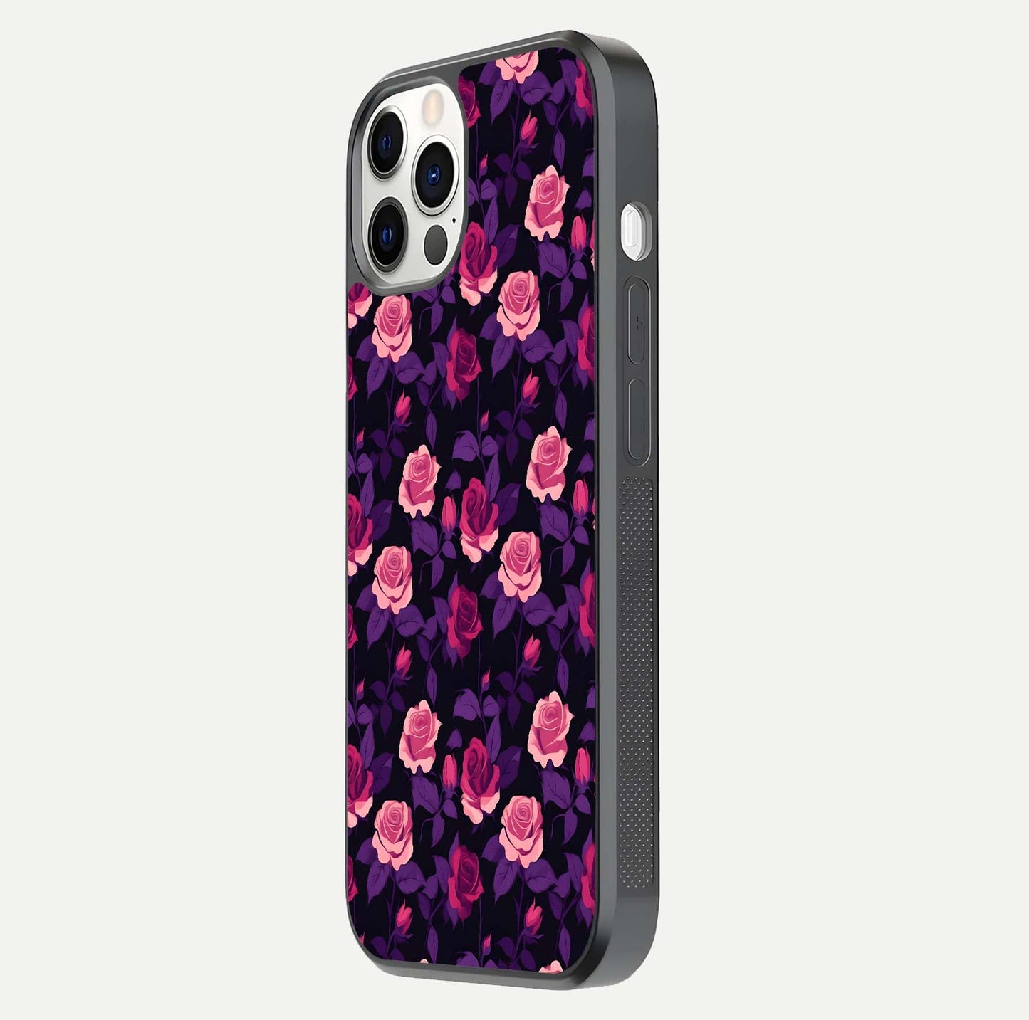 Rose Garden Twilight Glass Case for iPhone 12 Pro side-angle image showing reflection, gloss, and floral detail