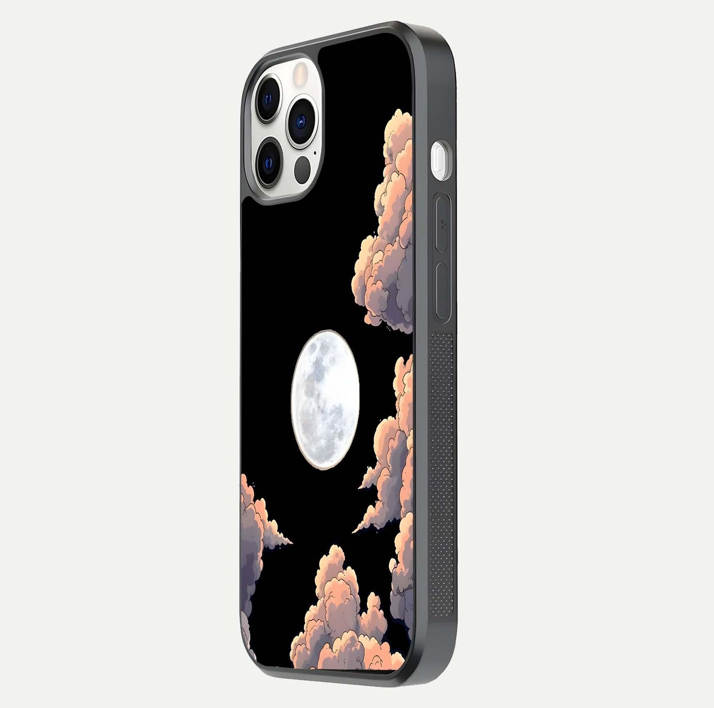 Shade Cloud Moon Glass Case for iPhone 12 Pro side-angle image showing reflection and night-sky detail