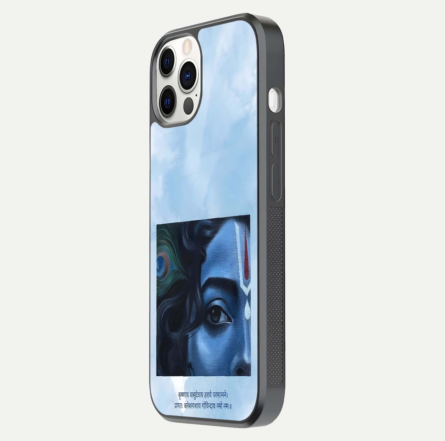 Spiritual Krishna Glass Case for iPhone 16 Pro side-angle image showing reflection and vivid artwork clarity